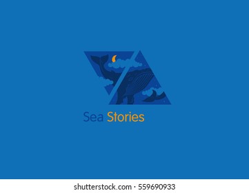 Creative logo, sea stories, the whale in the clouds