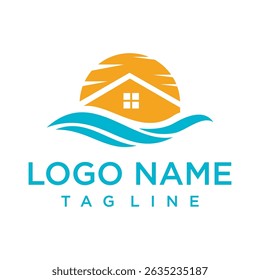 Creative logo of a seaside house with a rising sun and flowing ocean waves. Great for vacation, rental, or beach property.
