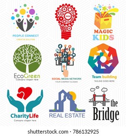 Creative Logo set. Brand identity for kids, idea, learning, estate, charity, environment concepts. Vector graphic design illustration