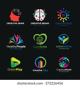 Creative logo set design collection of people, health care, green ecology, brain symbol, vector brand identity.