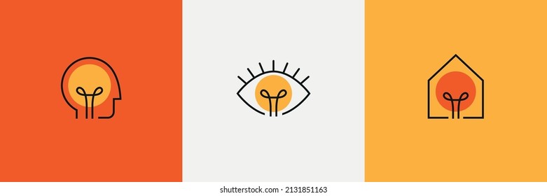 Creative logo set with human head, eye, house and a light bulb icon as an idea symbol. Innovative, smart solution, vision sign.