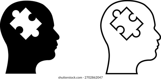 Logotipo creativo que muestra piezas de rompecabezas en diseño de silueta humana en blanco y negro que representan procesos mentales y resolución de problemas