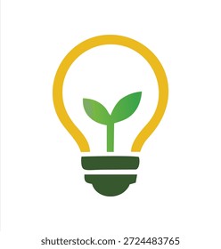 Logo creativo que muestra un brote verde creciendo dentro de una bombilla amarilla, que simboliza la energía verde, las ideas ecológicas y la innovación sostenible.