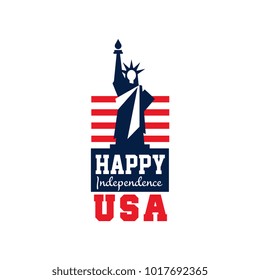 Creative logo with Statue of Liberty and US flag. Independence day. National holiday. Happy 4th of July. Flat vector design for emblem, postcard, banner