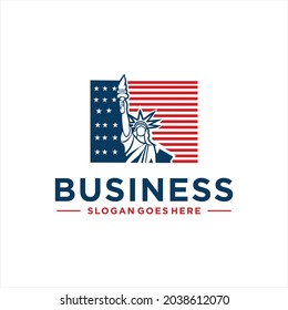 Creative logo with Statue of Liberty and US flag design illustration. Independence day. National holiday flat design