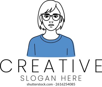 Creative logo template featuring a stylish woman wearing glasses and a blue sweater design portrait