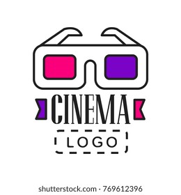 Creative logo template for video or movie company. Cinematography industry emblem with cinema 3D glasses and text. Flat line style vector icon
