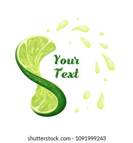 a creative logo with a twisted lime slice with juice splashes and your text; vector illustration; logo/icon/label template or other design element; fresh, vibrant, juicy, organic, trendy