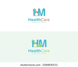  Creative Logo Usable for Business, Medical, Pharmacy and Healthcare Company. HM Letter Healthcare Logo with Stethoscope and Leaf.
