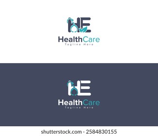  Creative Logo Usable for Business, Medical, Pharmacy and Healthcare Company. HE Letter Healthcare Logo with Stethoscope and Leaf.