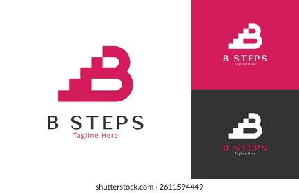 Creative logo using letter B combined with step up icon, symbolize growth and improvement.