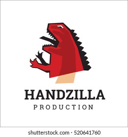 Creative logotype template for media or other business company. Dragon monster hand puppet illustration. lizard lizard doll sign idea.