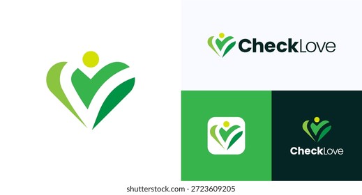 Cheque de amor creativo integrado con el signo de la gente, Ilustración vectorial de diseño del icono del logotipo, combinación moderna del corazón humano del símbolo con la marca de verificación en el logotipo verde del color para el negocio de la identidad de la marca