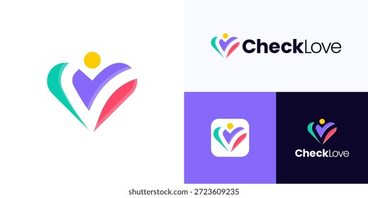 Creative love check integrated with people sign, Logo icon design vector illustration, Modern symbol human heart combination with verify mark in flat colorful shapes for brand identity business
