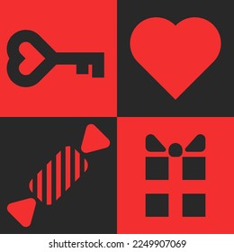 Creative love feeling symbols heart shape, key, candy, gift box composition for Valentines Day card on the red and black background, creative print or sticker design.