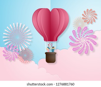 Creative love invitation card Valentine's day vector illustration paper cut style background. Love couple in origami heart shape hot air balloon flying on the sky and clouds with colorful firework