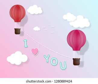 Creative love invitation card Valentine's day vector illustration paper cut style background. Origami two hot air balloon flying on the sky. Banners. Brochure. Flyer. Pastel color. Valentines concept.