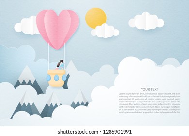 Creative love invitation card Valentine's day concept. Vector illustration paper cut style background. Love couple in origami pink hot air balloon floating in the sky. Wallpaper paper texture. Flyer.