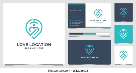 Creative love location logo design concept line art style. combine heart, pin, map and people logo design vector and business card
