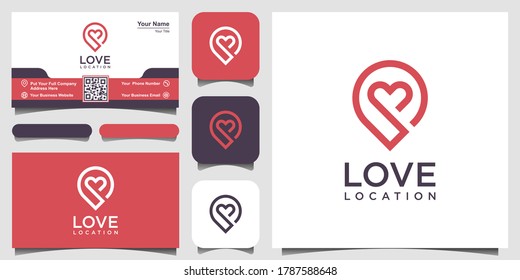 Logotipo creativo de ubicación de amor con marcador de corazón y mapa. Plantilla de diseño de vectores y diseño de tarjetas de visita