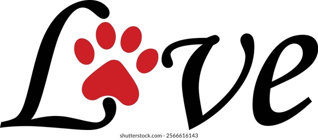 Creative Love Text Design with Heart and Paw Symbol for Dog Lovers and Animal Care Posters