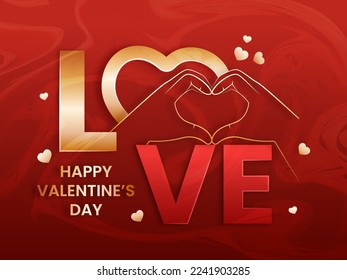 Creative LOVE Text With Golden Human Hands Making A Heart On Red Acrylic Liquid Background For Happy Valentine's Day Concept.