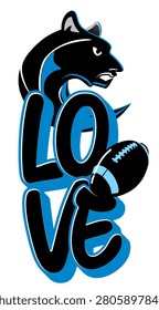 Creative love word art incorporating a stylized panther and american football theme in blue and black, tailored for sublimation shirts, cricut cutting, and sports crafts.