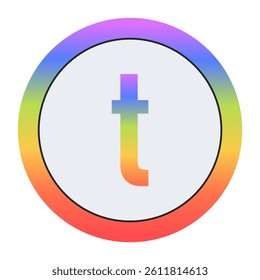 Creative Lowercase Letter t symbol with rainbow gradient and dual circular design. Light gray background gives it a bright, modern, and professional appearance.