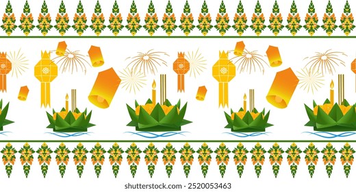 Creative Loy krathong festival and culture seamless pattern with hand drawn art elements isolated on white  background. Trendy print. Fantasy print, great design for any purposes.