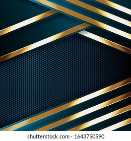 Creative luxurious light green blue stone gold abstract background. Brilliant combination from glowing golden stripes elements in vector shapes design style. Elegant digital graphic line art