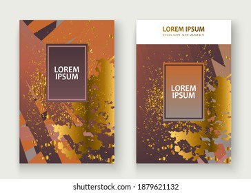 Creative luxurious and rich cover frame design paint golden splatter, gold glitter vector illustration. Brown orange abstract template invitation. Geometric pattern shape greeting card background