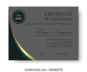 Creative luxury certificate of achivement template with award badge. Vector, eps10.