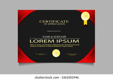 creative luxury certificate of appreciation award template with modern design, red and gold colors.