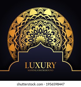 Creative luxury ornamental mandala background design with golden arabesque pattern on dark background for wedding invitation, or other project.