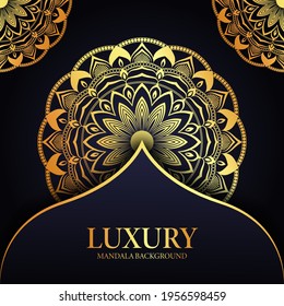 Diseño creativo de fondo ornamental mandala con un patrón arabesco dorado sobre fondo oscuro para invitación a la boda, u otro proyecto.