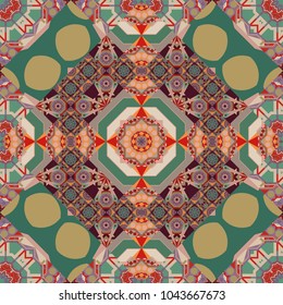 Creative, luxury style. Geometrical simple vector art. Print card, cloth, shirts, dress, wrapper, cover. Random geometric shapes seamless pattern in brown, green and red colors.