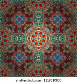 Creative, luxury style. Geometrical simple vector art. Print card, cloth, shirts, dress, wrapper, cover. Random geometric shapes seamless pattern in blue, red and brown colors.