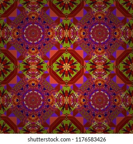 Creative, luxury style. Geometrical simple vector art. Print card, cloth, shirts, dress, wrapper, cover. Random geometric shapes seamless pattern in purple, red and orange colors.