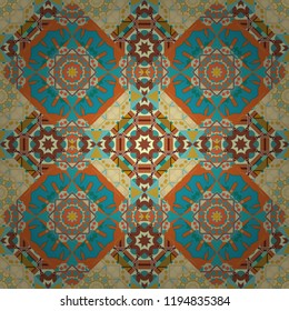 Creative, luxury style. Geometrical simple vector art. Random geometric shapes seamless pattern in brown, blue and orange colors. Print card, cloth, shirts, dress, wrapper, cover.