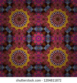 Creative, luxury style. Geometrical simple vector art. Print card, cloth, shirts, dress, wrapper, cover. Random geometric shapes seamless pattern in green, brown and magenta colors.