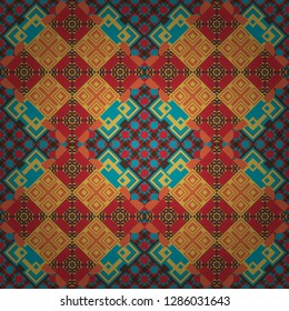 Creative, luxury style. Geometrical simple vector art. Random geometric shapes seamless pattern in brown, yellow and blue colors. Print card, cloth, shirts, dress, wrapper, cover.