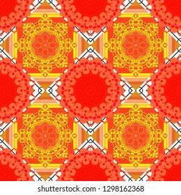 Creative, luxury style. Geometrical simple vector art. Random geometric shapes seamless pattern in red, yellow and orange colors. Print card, cloth, shirts, dress, wrapper, cover.