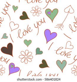 Creative, luxury style on a white. Good for printing, fabric, textile or wrapping paper. Hearts and I love you text seamless pattern in green and violet colors. Valentines day vector sketch.