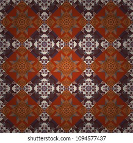 Creative, luxury style. Print card, cloth, shirts, dress, wrapper, cover. Geometrical simple vector art. Random geometric shapes seamless pattern in brown, orange and beige colors.