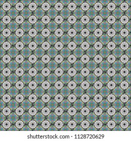 Creative, luxury style. Print card, cloth, shirts, dress, wrapper, cover. Geometrical simple vector art. Random geometric shapes seamless pattern in green, gray and blue colors.