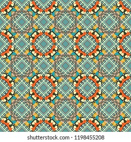 Creative, luxury style. Print card, cloth, shirts, dress, wrapper, cover. Geometrical simple vector art. Random geometric shapes seamless pattern in yellow, blue and beige colors.