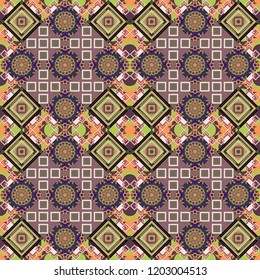 Creative, luxury style. Print card, cloth, shirts, dress, wrapper, cover. Random geometric shapes seamless pattern in beige, green and pink colors. Geometrical simple vector art.
