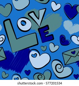 Creative, luxury style for print cards, cloth, wrapper, cover, gift, banner, poster, greeting, invitation. Seamless Valentines day pattern with vector hearts in blue colors.