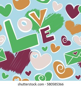 Creative, luxury style for print cards, cloth, wrapper, cover, gift, banner, poster, greeting, invitation. Seamless Valentines day pattern with vector hearts in orange and purple colors.