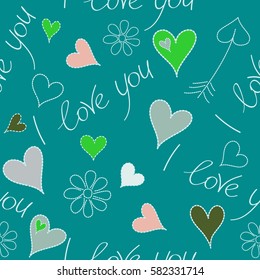 Creative, luxury style for print cards, cloth, wrapper, cover, gift, banner, poster, greeting, invitation. Seamless Valentines day pattern with vector hearts and chamomile in gray and green colors.